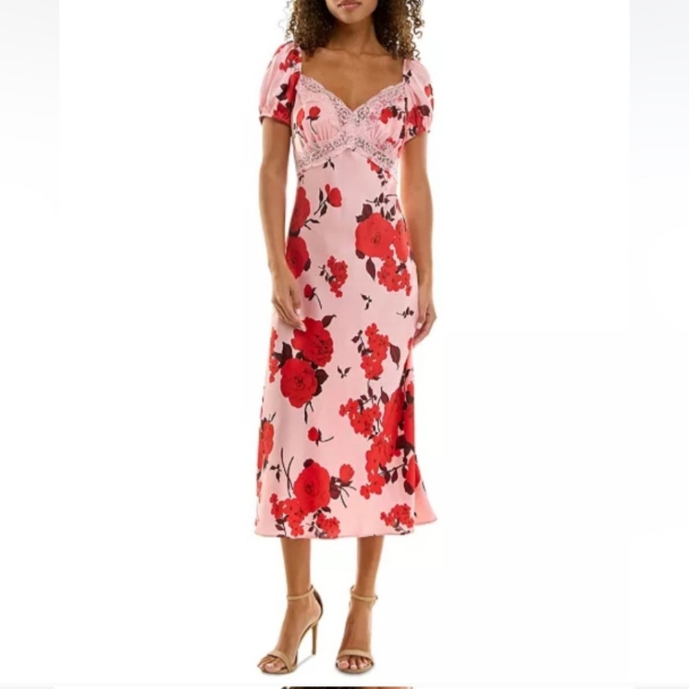 B Darlin Junior's Lace Trim Floral- Print Midi Dress